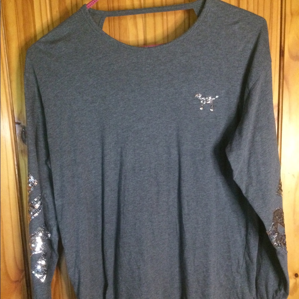 Victoria’s Secret Pink Long Sleeve Gray Sequined Logo Top